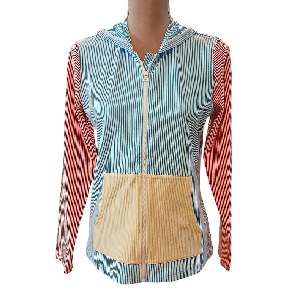 Lands' End Womens Small Blue Red Yellow Striped Zip Up Hoodie Colorful Jacket
